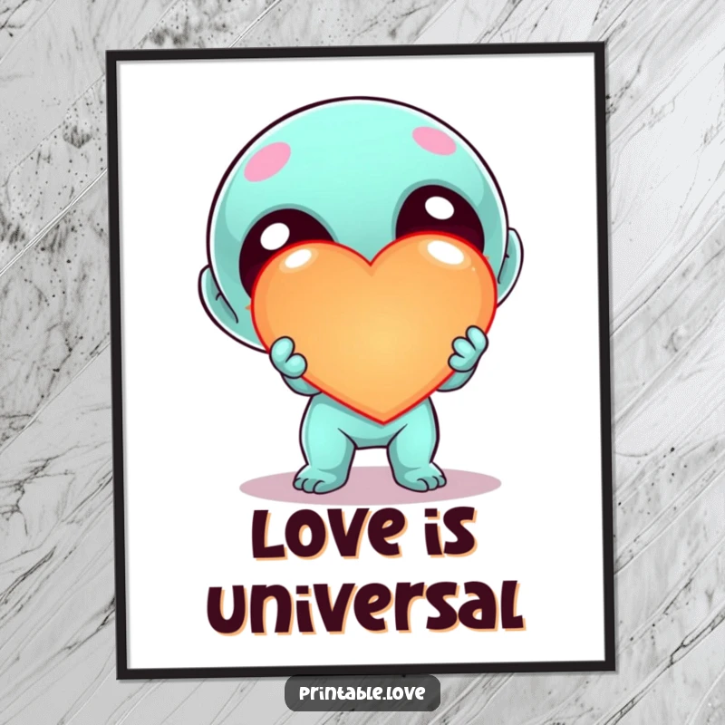 Funny Kawaii Alien Heart Poster, cute cartoon alien enthusiastically offering a large, glowing heart, cheerful sci-fi wall decor.