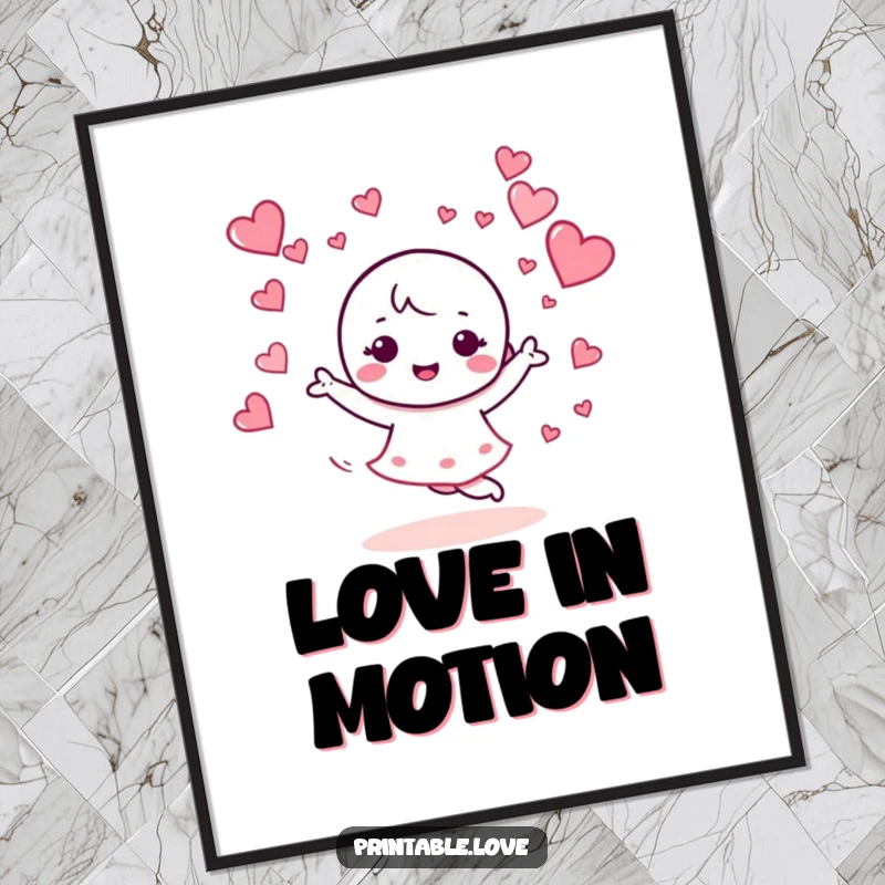 Funny poster showcasing a kawaii character in mid-dance with hearts swirling energetically, creating a lively and joyful visual spectacle.