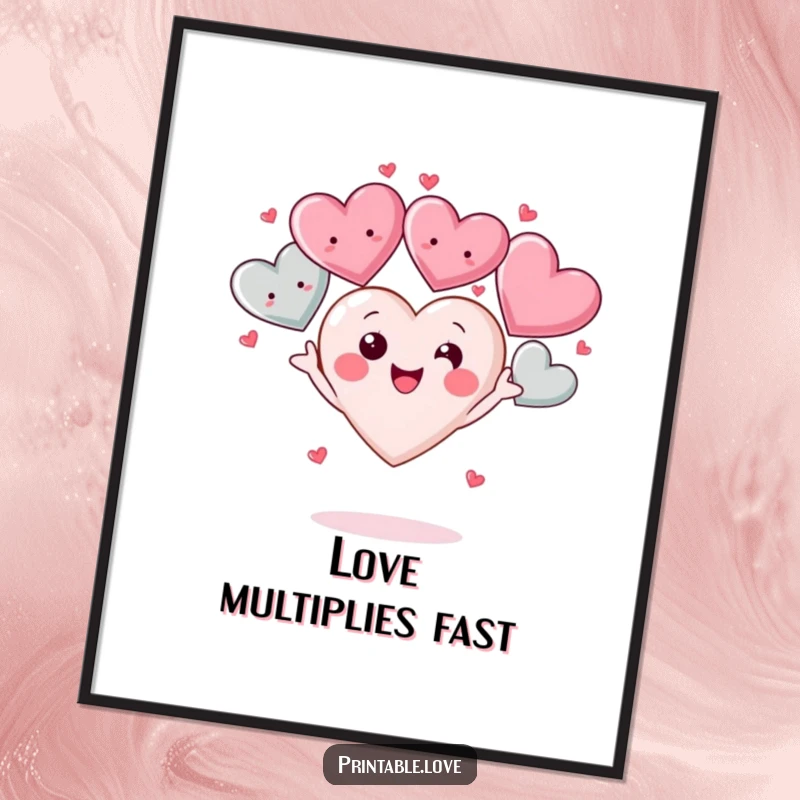 Funny Kawaii Heart Poster: An illustration of a cute heart character joyfully juggling several smiling hearts, creating a cheerful and loving atmosphere.