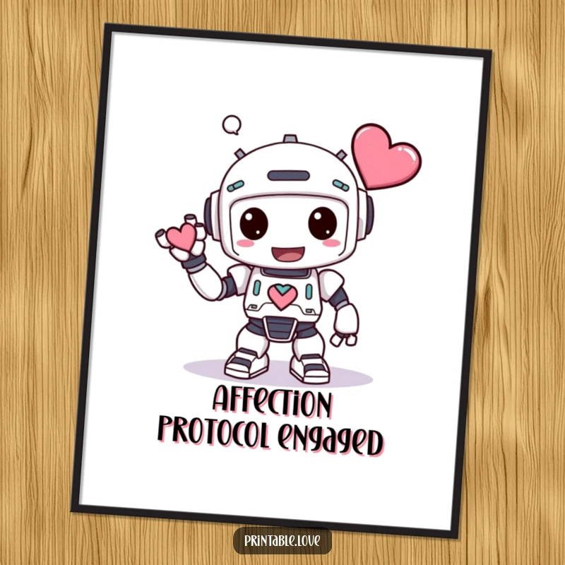 Funny Kawaii Robot Poster: A robot bows comically with a heart, bringing cheerful, exaggerated humor to wall decor.