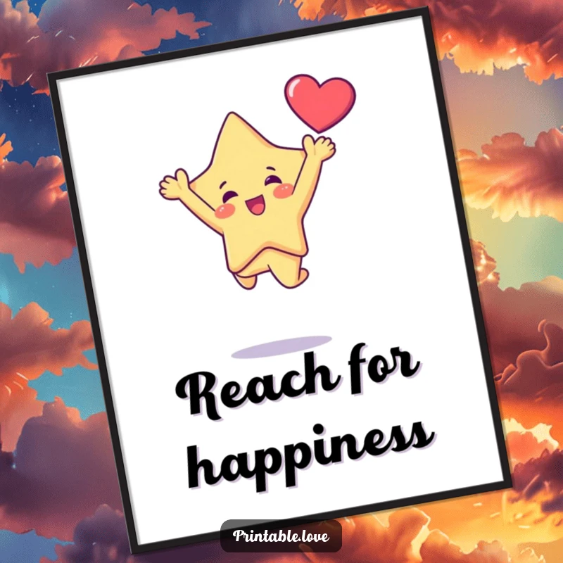 Funny Kawaii Star Character Doing a Joyful Leap Holding a Heart Aloft, Cheerful Wall Art, Funny Gift