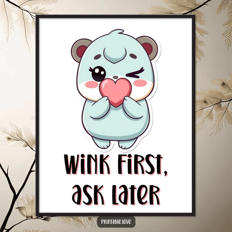 Funny kawaii character poster, playfully winking with a heart candy, cute wall art, adds charm and happiness to any room.
