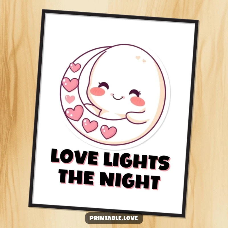 Funny moon poster with a smiling character holding a crescent moon made of hearts, creating dreamy and humorous wall art.