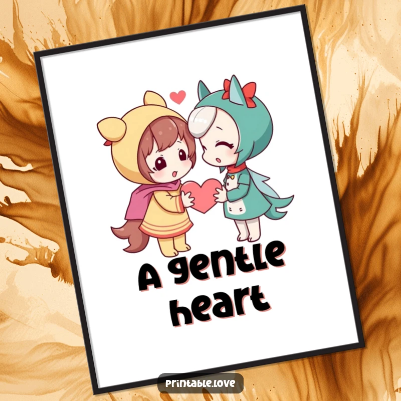 Funny playful character poster art, a shy figure giving a heart, great for wall decor.