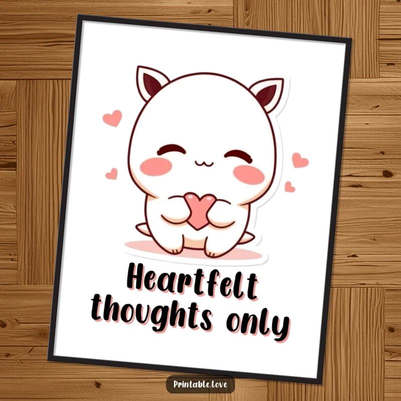 Funny shy kawaii character poster, blushing and offering a heart, cute wall art, adds a loving and gentle touch to any room.