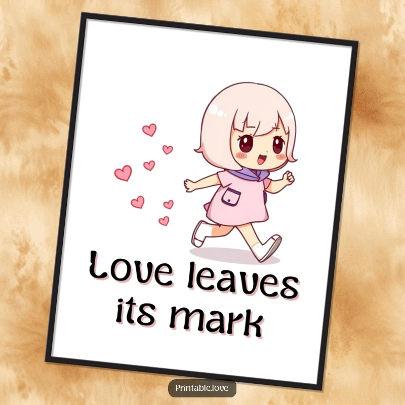 Funny Striding Hearts Poster: Whimsical art of a character confidently walking, leaving a trail of mini hearts.