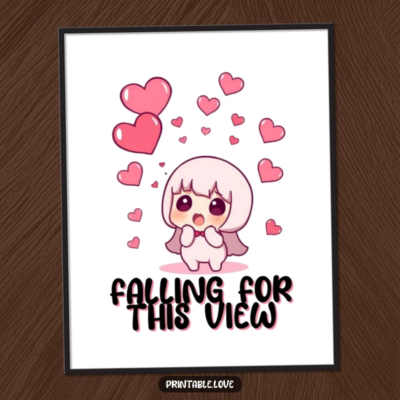 Funny poster featuring a character's astonished expression as red hearts rain down from the sky, a whimsical art piece.