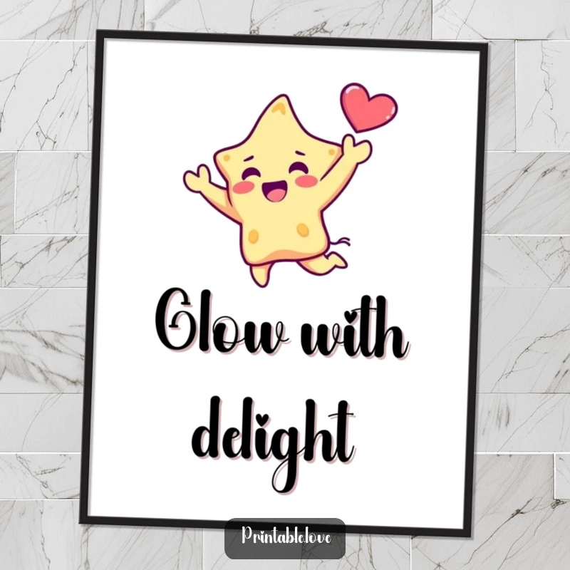 Funny Kawaii Star Poster: An illustration of a cute star character performing a joyful leap, holding a heart aloft, creating a vibrant and celebratory atmosphere.