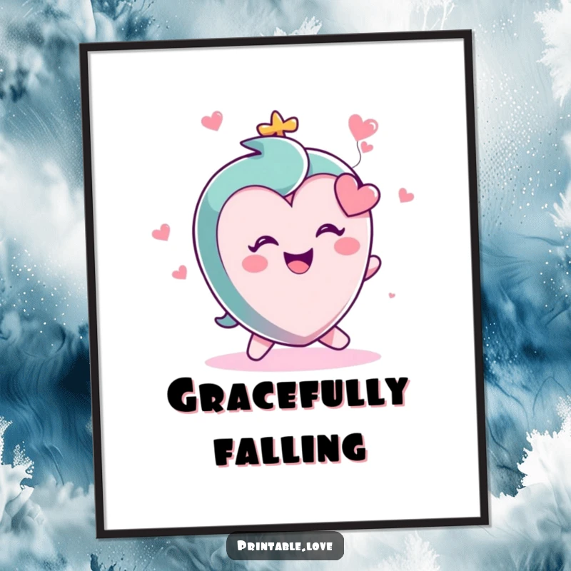 Funny wall art print of a small, energetic heart character caught in a gleeful trip, surrounded by a sense of pure, unbridled happiness.