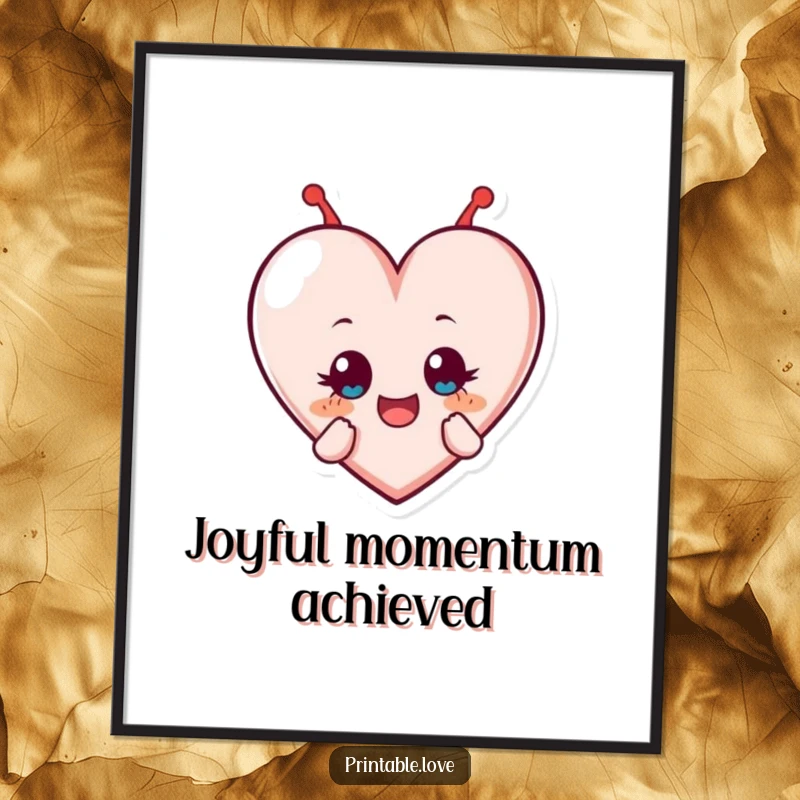 Funny wall art print of a heart character caught in a dynamic tumble, eyes wide with pure delight and an expression of ecstatic joy.