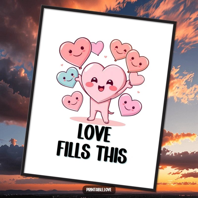 Funny Kawaii Heart Character Juggling Multiple Smiling Hearts with Delight, Cheerful Wall Art, Funny Gift