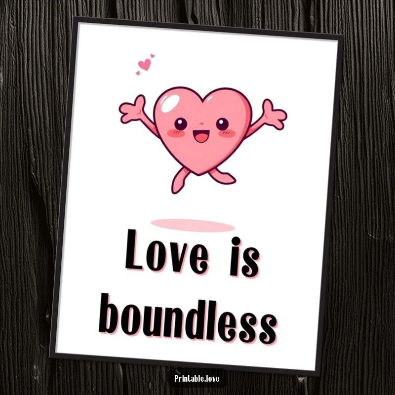 Funny Tiny Heart Leaping Poster: An art print showing a small, energetic heart character joyfully leaping with arms wide, conveying pure happiness.