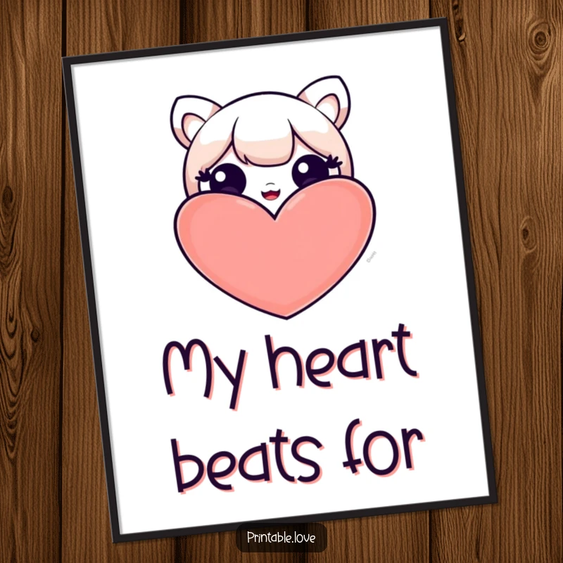 Funny poster depicting a kawaii character shyly peeking out from behind a big, bold heart, radiating warmth and playful innocence.