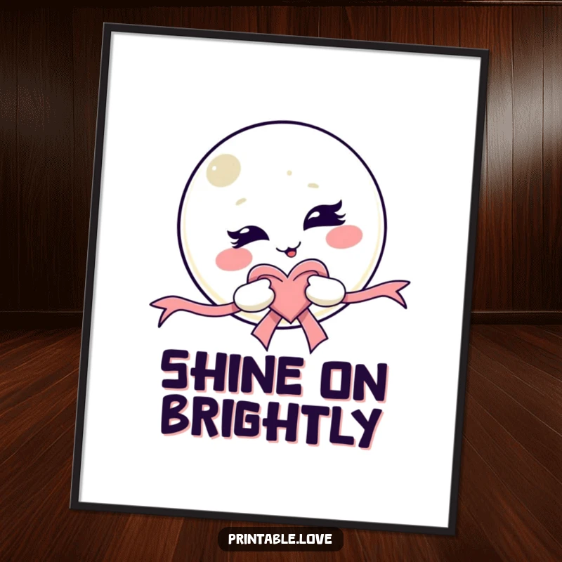 Funny Kawaii Moon Poster: Artistic print of a mischievous winking moon character holding a heart-shaped ribbon, perfect wall art.
