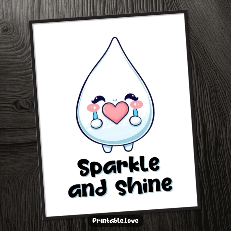 Funny Kawaii Teardrop Poster: Artistic print of a teardrop character shedding happy, sparkly tears that form a heart, perfect wall art.