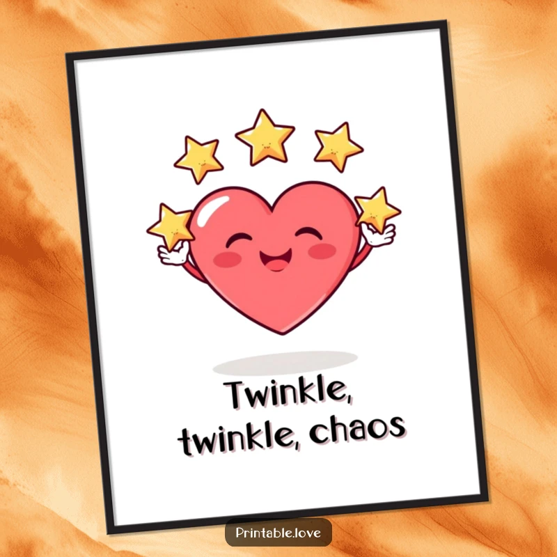 Funny wall art print of a heart character with a silly grin, expertly juggling three tiny stars in a delightful and whimsical display.