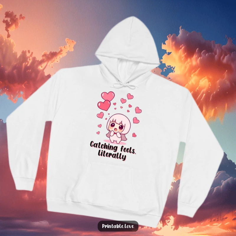 Funny hoodie showcasing a startled character beneath a whimsical rain of red hearts, a cozy and humorous visual.