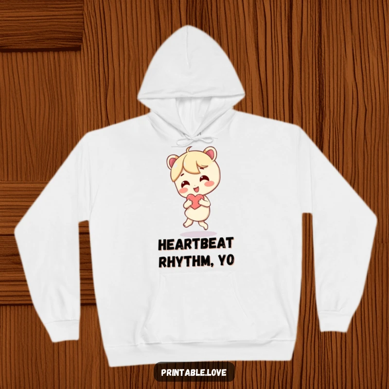 Funny hoodie with a character joyfully dancing while holding a heart, designed for ultimate cozy cheerfulness.