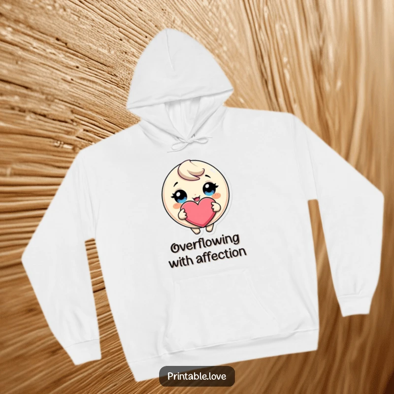 Funny Giggling Heart Hoodie: A round character with huge eyes is shown giggling gleefully while holding a giant heart, radiating warmth and love.