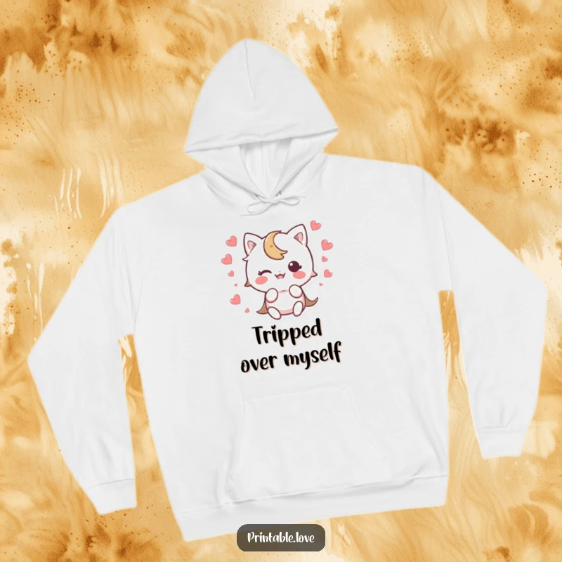 Funny Kawaii Character Hoodie showing a cute character accidentally tripping, with a heart scattering in surprise, perfect for cozy oopsies.