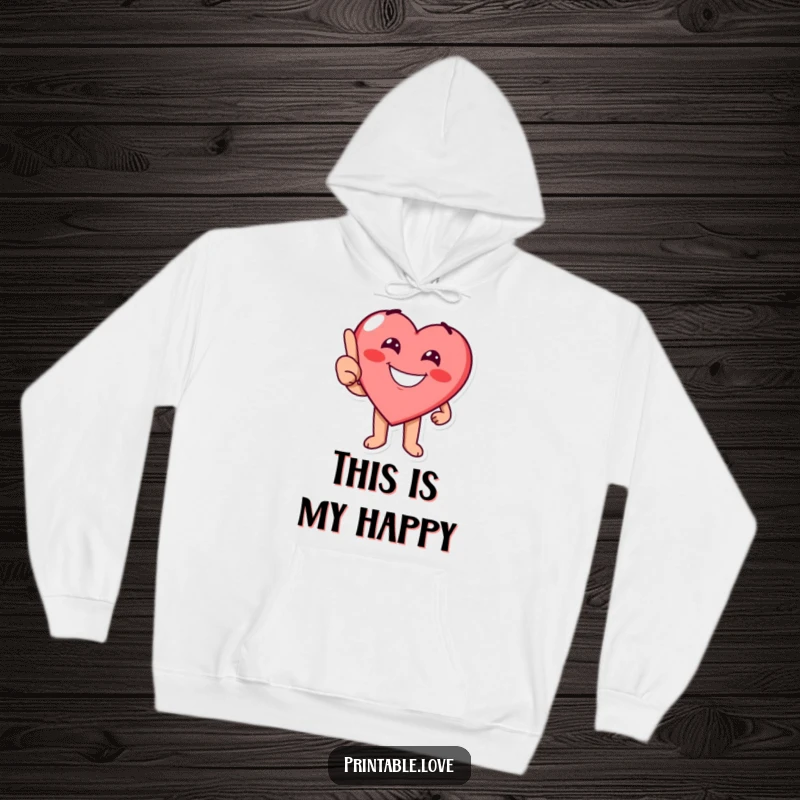 Funny heart character with a cheerful grin playfully pointing on a cozy hoodie, offering comfort and playful direction.