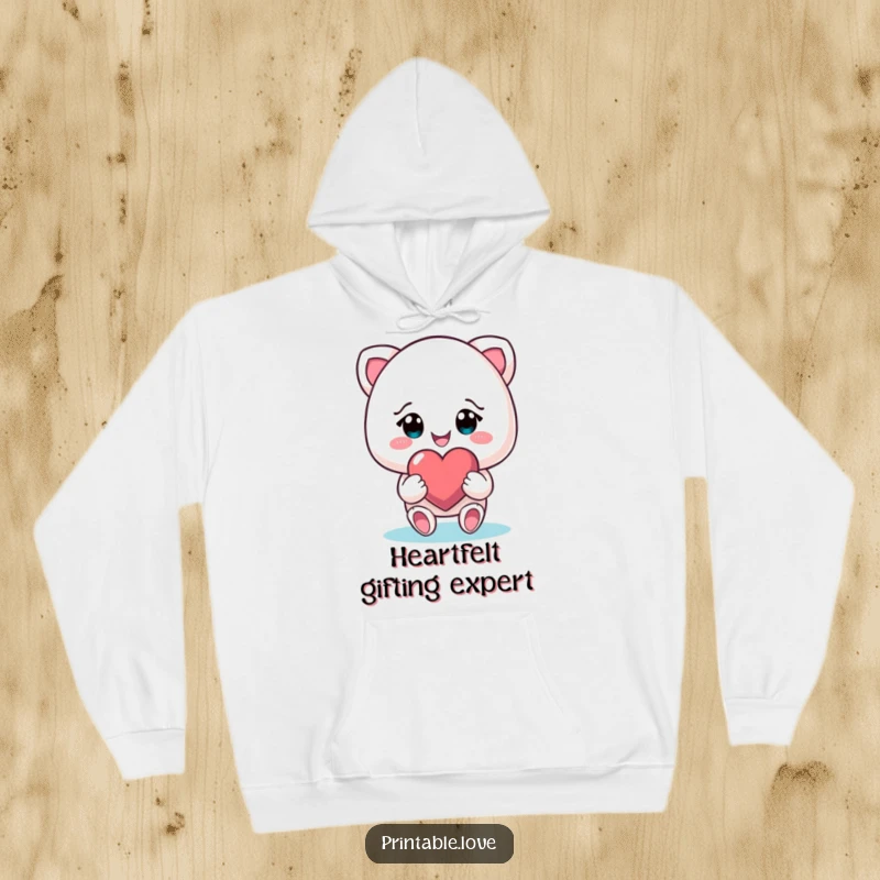 Funny smiling character on a hoodie, gifting a heart with beaming eyes, providing warmth and humorous love.
