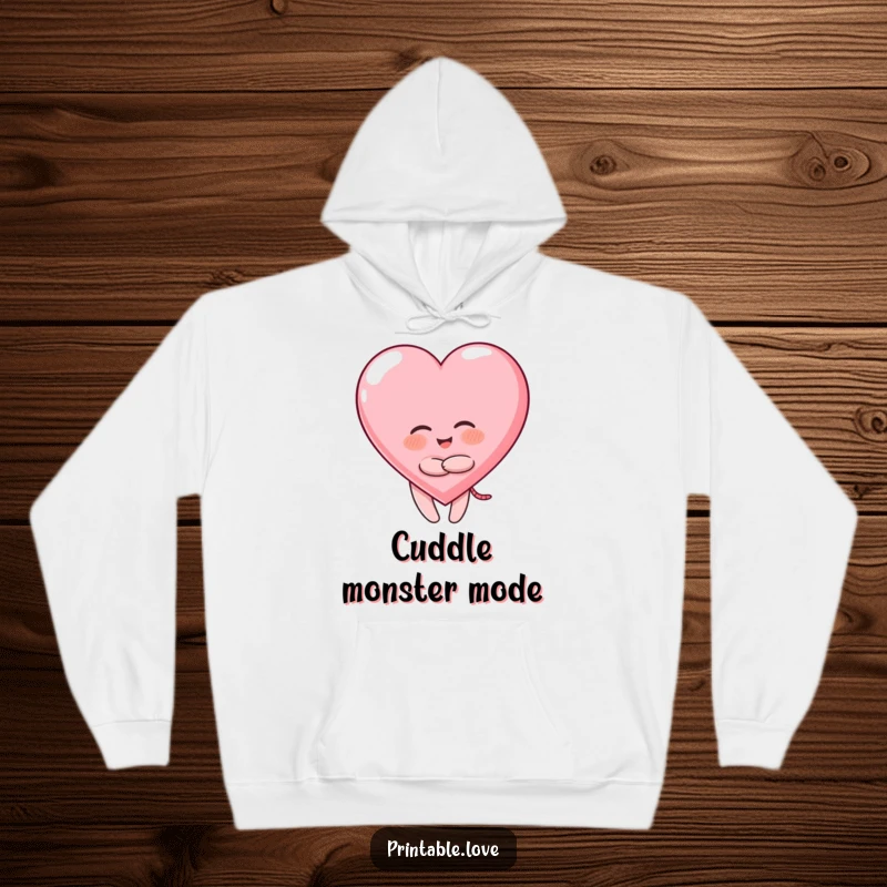 Funny Giggling Heart Hoodie: character hugging a large heart, cozy and humorous gift.