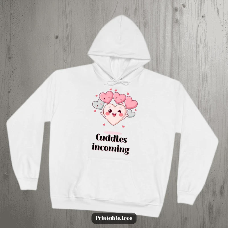 Funny Kawaii Heart Hoodie: A soft hoodie with a cute heart character joyfully juggling several smiling hearts, perfect for cozy, loving vibes.