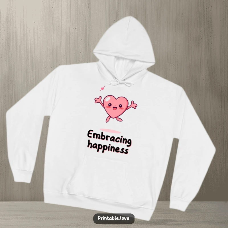 Funny Tiny Heart Leaping Hoodie: A soft hoodie depicting a small, energetic heart character leaping with arms spread wide in pure delight.