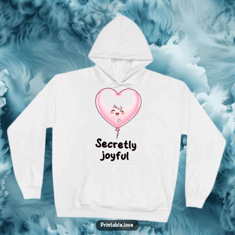 Funny giggling character hoodie depicting a playful peek from behind a large, heart-shaped balloon, offering cozy, cheerful comfort.