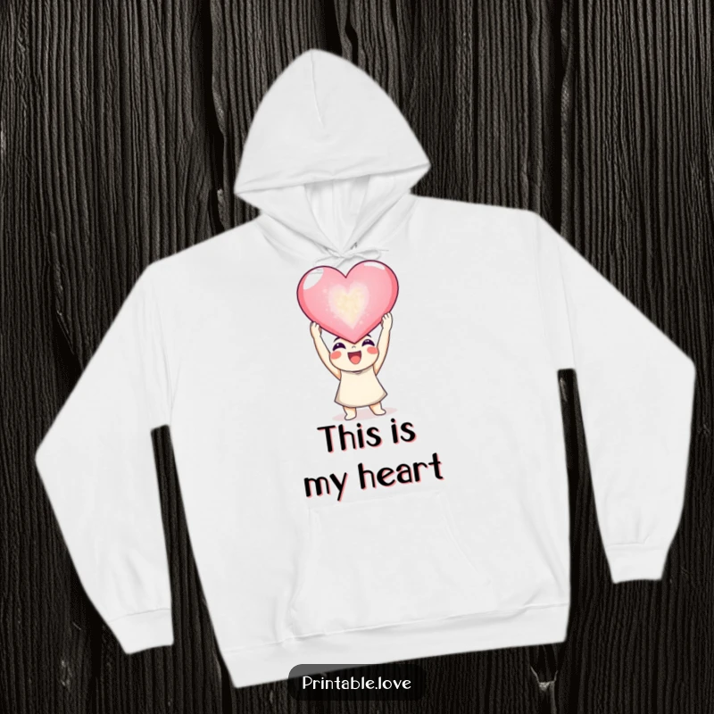Funny joyful character hoodie, a happy figure holding a giant sparkling heart, warm and funny gift.