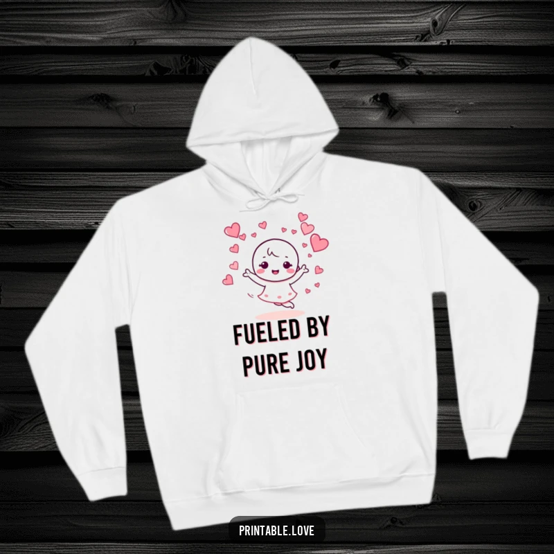 Funny hoodie with a kawaii character enthusiastically dancing amidst a flurry of swirling hearts, creating a vibrant and joyful design.