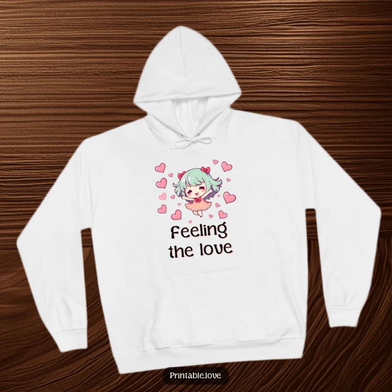 Funny Hoodie: A character floats joyfully dancing amongst hearts, radiating pure happiness, a perfect cozy and funny gift.