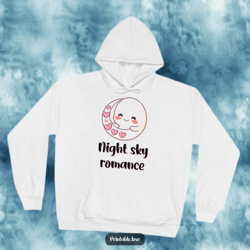 Funny moon hoodie design with a smiling character holding a crescent moon made of hearts, offering cozy celestial humor.