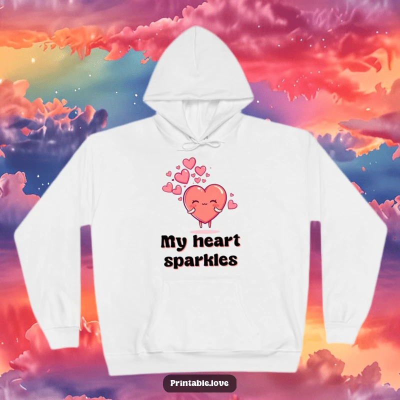 Funny hoodie featuring a heart character blowing a luminous cloud of sparkly hearts, creating a sense of wonder and affection.
