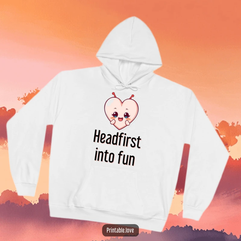 Funny hoodie design with a heart character tumbling forward, eyes wide with sheer delight and an aura of boundless excitement.