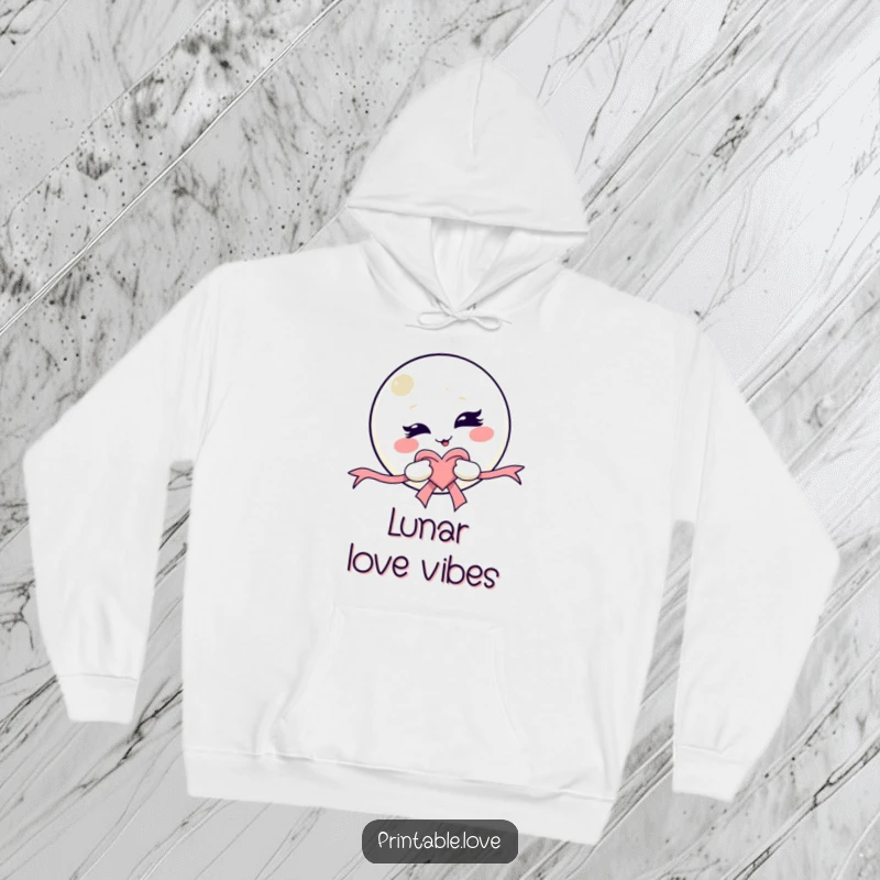 Funny Kawaii Moon Hoodie: A soft, warm hoodie featuring a mischievous winking moon character holding a heart-shaped ribbon, ideal for chilly weather.