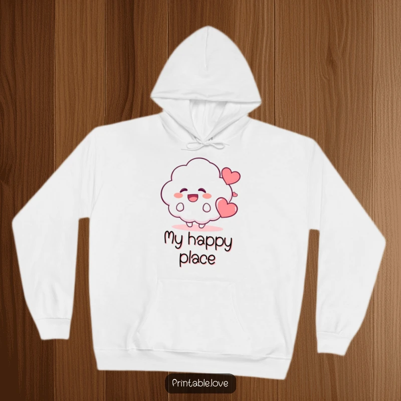 Funny Kawaii Cloud Hoodie: A soft hoodie featuring a giggling cloud character with a nearby happy heart, perfect for cozying up with cheerful vibes.