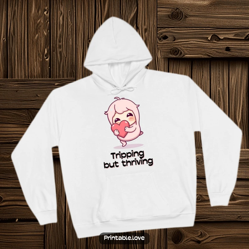 Funny wobbly character on a hoodie, tripping but holding a heart safely, providing warmth and humorous reassurance.