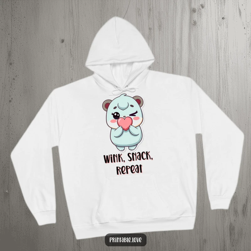 Funny kawaii character hoodie, cozy and warm, playfully winking with a heart candy, adorable street style, perfect funny gift.