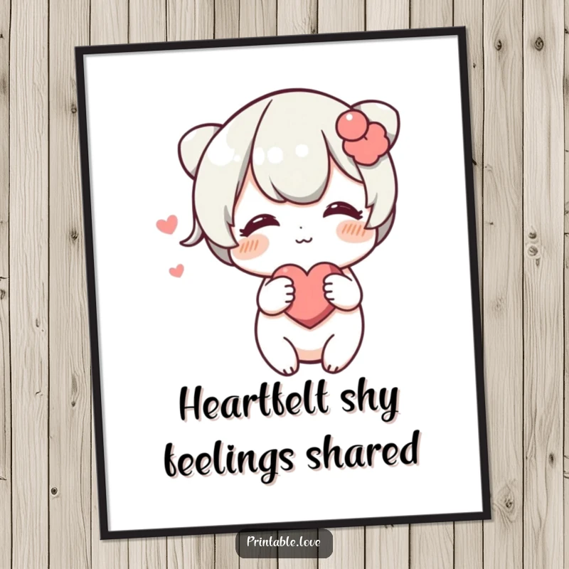 Funny Free Printable Blushing Heart Character Wall Art playfully pushing a heart forward, radiating shy affection and gentle charm.