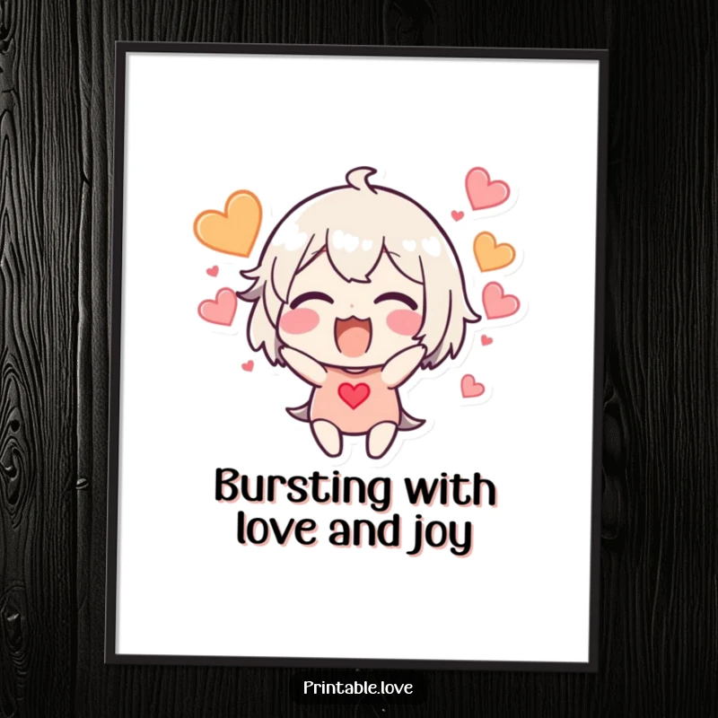 Free Printable Hearts Wall Art: Excited character with vibrant hearts bursting around their head, creating a dynamic energy.