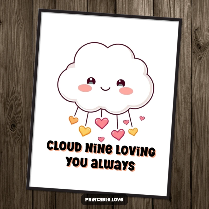 Funny free printable wall art of a smiling cloud showering sparkling hearts, adding a sweet and cheerful vibe.