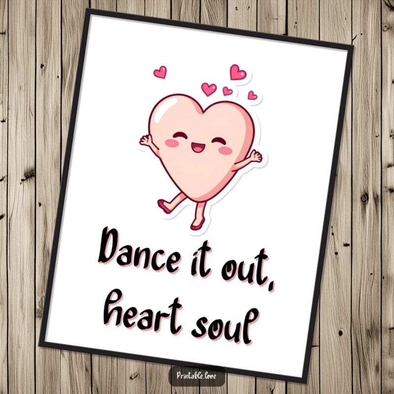 Funny Free Printable wall art: A heart character joyfully twirls with delight, adding a vibrant and cheerful mood.