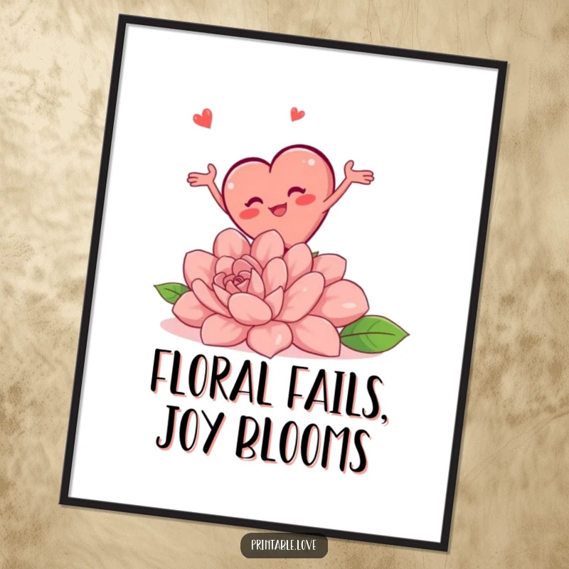 Funny Free Printable Wall Art: A chubby heart character comically trips over an enormous flower, arms flailing, embodying playful clumsiness and joy.