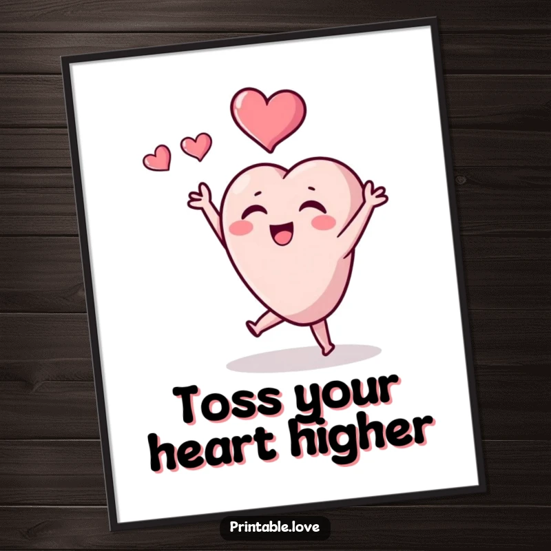 Free Printable Heart Wall Art: Tiny heart character joyfully tossing a heart, symbolizing love and happiness.