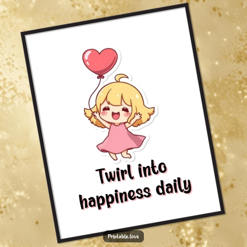 Funny Free Printable Wall Art: Cute Kawaii character joyfully twirling with a bright red heart balloon, adding sweet charm to your space.