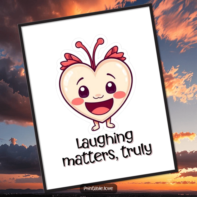 Funny Free Printable Wall Art of a heart character with wide eyes bursting with laughter, bringing a contagious sense of humor to any room.