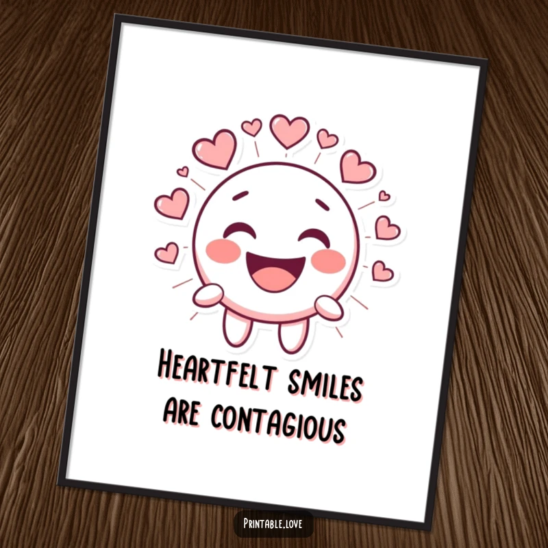 Funny Free Printable Laughing Smiley Face Wall Art radiating heart shapes, depicting a kawaii character bursting with pure, unadulterated laughter, perfect for decor.
