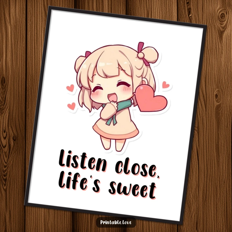 Funny Free Printable Secret Whispers Wall Art: A character excitedly whispers secrets into a large, heart-shaped ear.